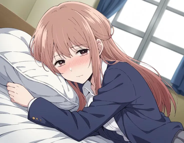 anime girl laying on a bed with a pillow in her lap