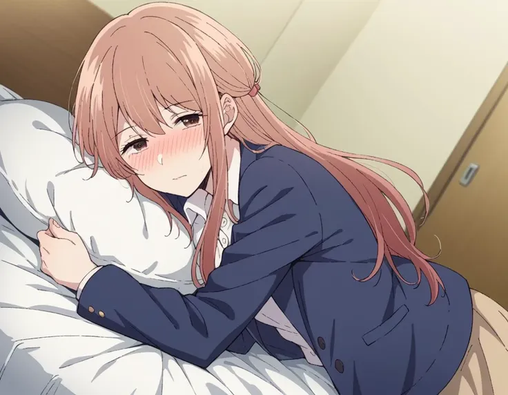 anime image of a woman laying on a bed with a pillow