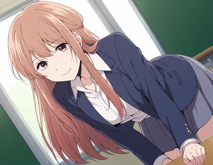 anime image of a woman in a school uniform leaning on a desk