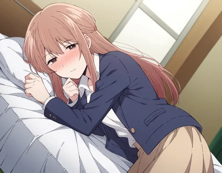 anime image of a woman in a business suit laying on a bed