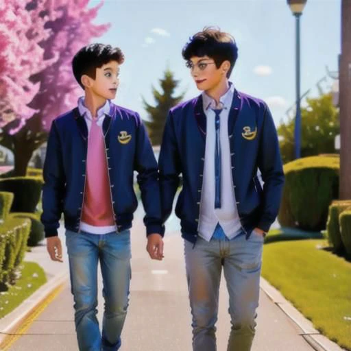 two young men walking down a sidewalk in a park