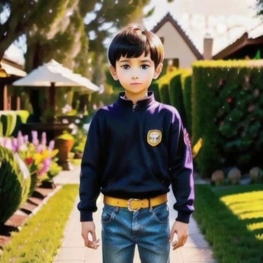 arafed boy in a blue shirt and jeans standing on a sidewalk