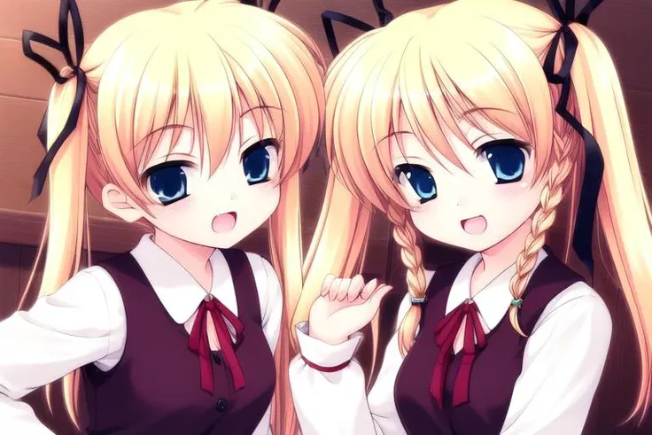 anime image of two girls with long blonde hair and blue eyes