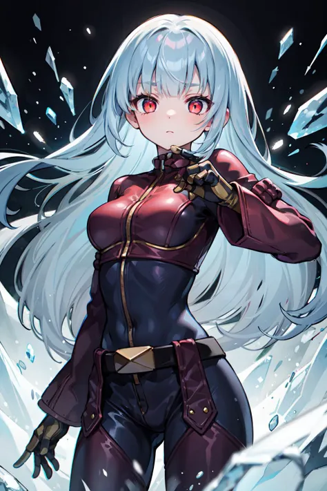 masterpiece, best quality, ultra-detailed, extremely detailed,illustration, 1girl, solo, kula diamond, belt, gloves, medium breasts, looking at viewer, expressionless, floating hair, glowing eyes, light particles, dark background, ice, snow, cryokinesis, c...