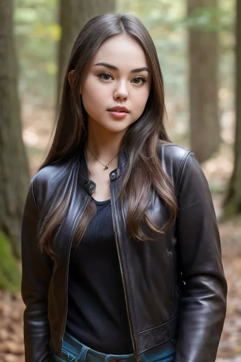 photo of S155_LiMoon, a stunning woman, in a (deciduous-forest:1.2), wearing an (leather-jacket:1.2) and (jeans), (8k, RAW photo, best quality, depth of field, ultra high res:1.2), (absurdres, intricate, photorealistic, masterpiece, ultra-detailed:1.3)