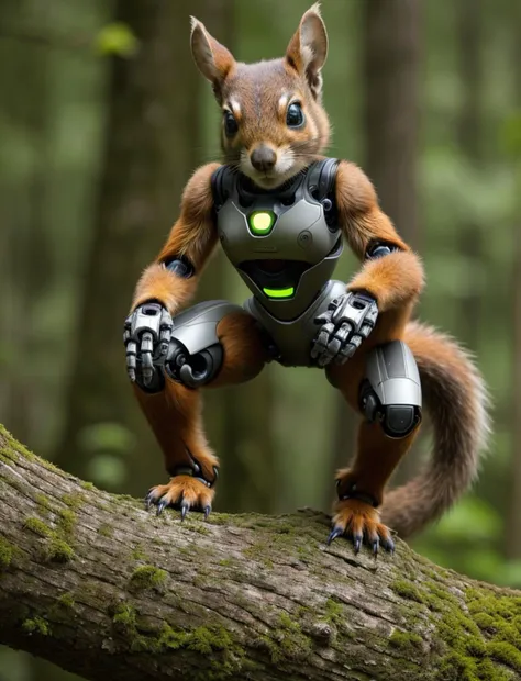 a close up of a squirrel on a branch with a robot on it