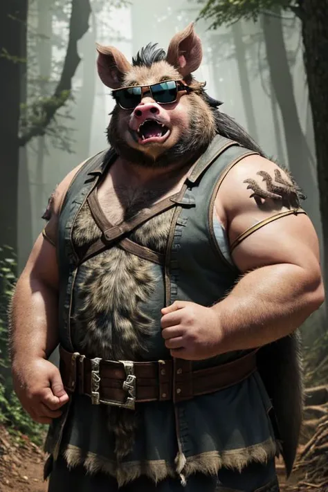 Solo focis, 8k, ha photo of a chubby humanoid male boar, hunter dress, roar, sunglasses, fangs, piggy nose, detailed mouth, very hairy body