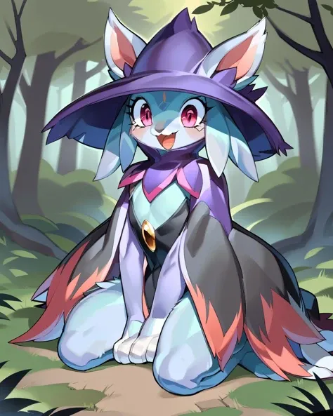 a close up of a cat wearing a witch hat in a forest