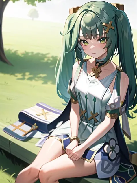 masterpiece, 4K, soft lighting,(anime style),
 <lora:Genshin_Faruzan:0.8>, face to camaer,
1girl, solo, hair ornament, green hair, twintails, long hair, dress, the wind blows,
reading, under the tree, sitting on the green grassland,