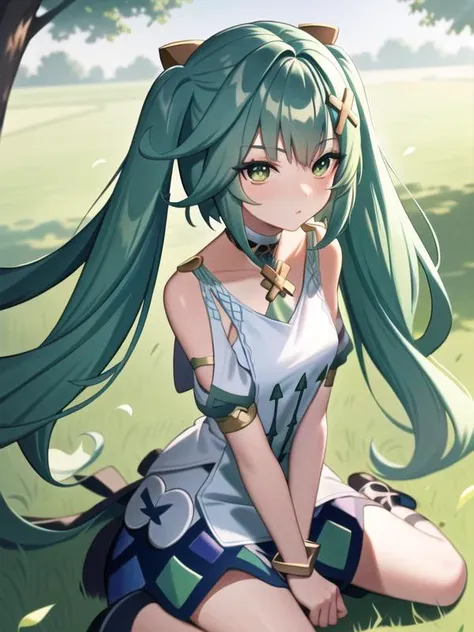 masterpiece, 4K, soft lighting,(anime style),
 <lora:Genshin_Faruzan:0.8>, face to camaer,
1girl, solo, hair ornament, green hair, twintails, long hair, dress, the wind blows,
reading, under the tree, sitting on the green grassland,