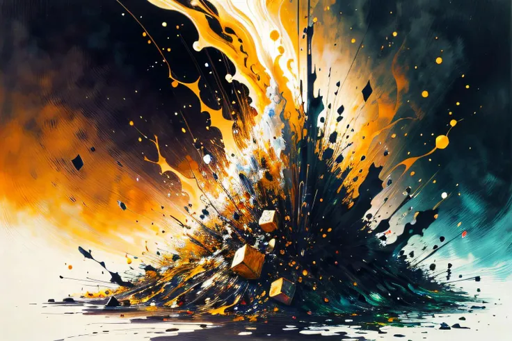 a painting of a fire and water explosion with a person on a skateboard