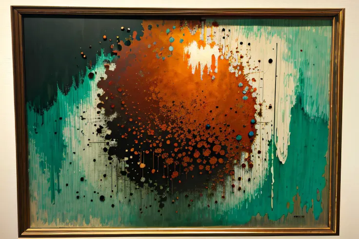 painting of a large orange and green painting with a black background