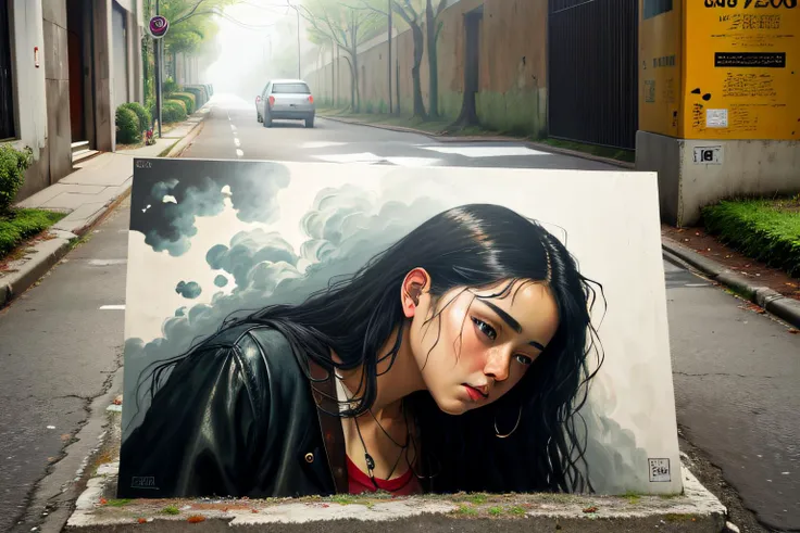 painting of a woman with long hair and a black jacket on a street