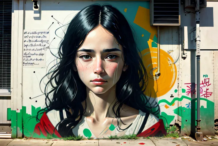 graffiti of a woman with long black hair and a red and white shirt