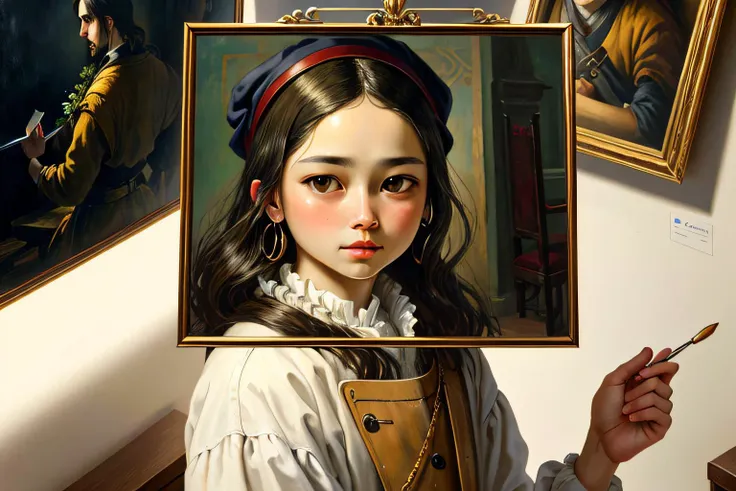 painting of a girl holding a brush and a painting of a man