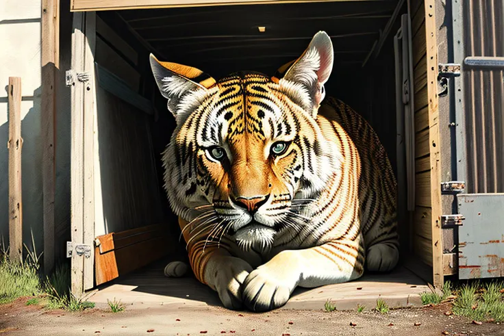 there is a tiger that is laying down in a box