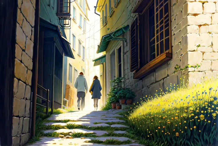 anime scene of a couple walking down a narrow alley way