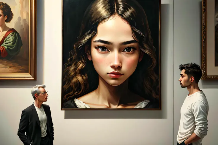 painting of a woman and a man looking at a painting of a woman