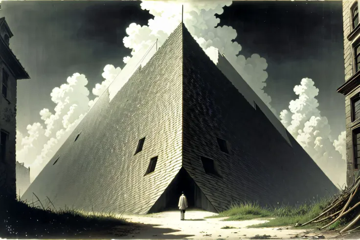 arafed image of a man walking through a doorway in a pyramid