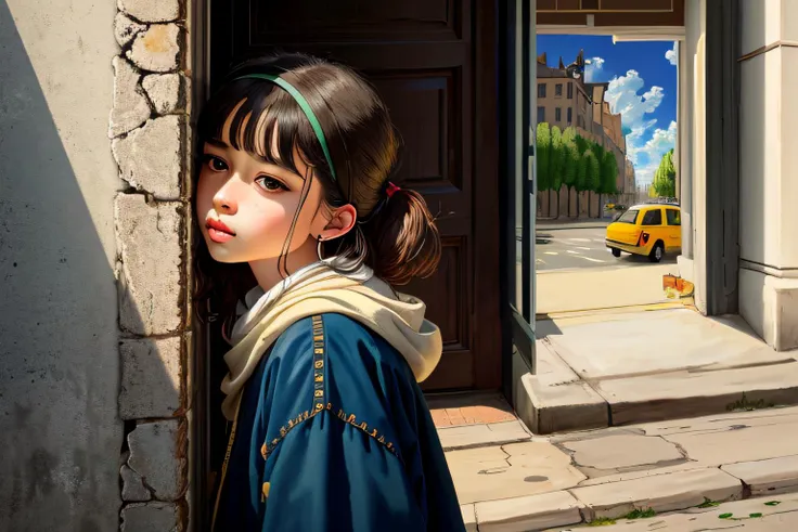 anime girl with ponytail in front of a doorway with a taxi