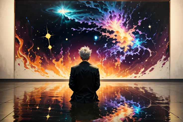 painting of a man sitting in front of a painting of a galaxy