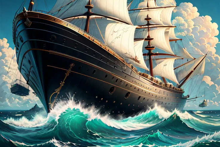 painting of a large ship in the ocean with a lot of waves