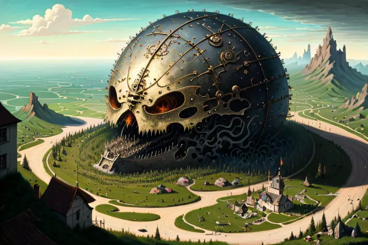 arafed image of a giant skull in a field with a road