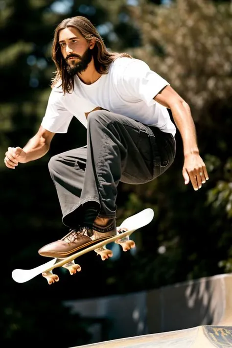 fenn_jesus, a photograph of jesus doing an ollie while (skateboarding:1.2)