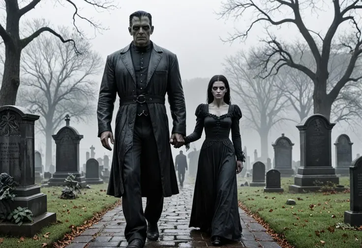 Horror-themed cinematic photo realistic,
intrinsic creature like frankenstein walking on cemetry with his wife  . Eerie, unsettling, dark, spooky, suspenseful, grim, highly detailed