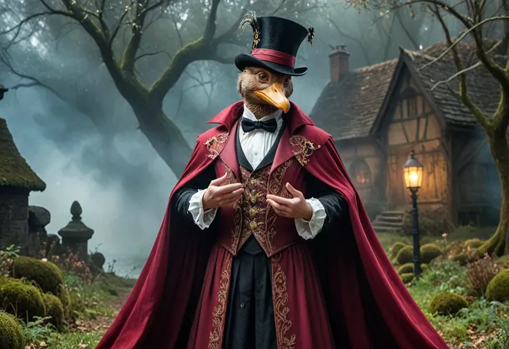 Dreamscape cinematic, horror, devotion style mystery 
duck disguised as hogward magician in intricate griffindor dress
casting spell  . Surreal, ethereal, dreamy, mysterious, fantasy, highly detailed