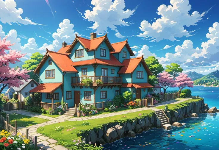 anime artwork cinematic anime illustration ,
directed by cinema directors, treasury island flowers, houses, happiness sunshine clouds  . anime style, key visual, vibrant, studio anime,  highly detailed