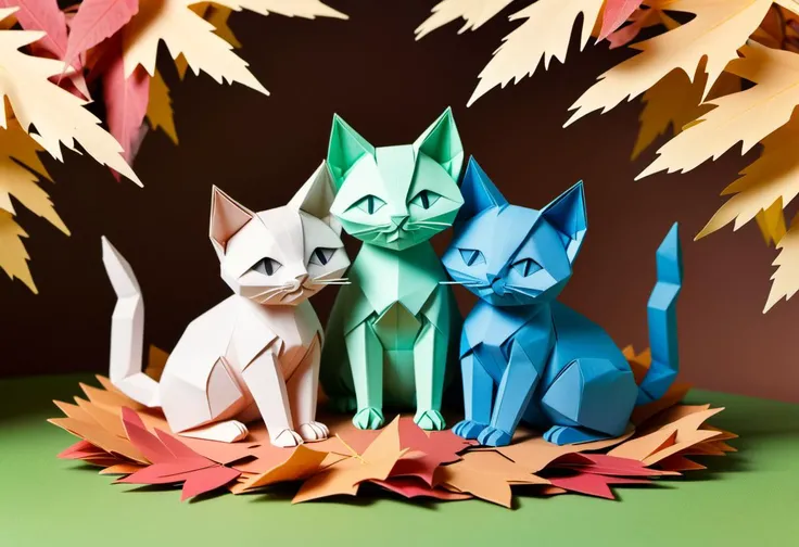 score_9, score_8_up, score_7_up, 
origami style, three kittens under a pile of leaves, garden, autumn
. paper art, pleated paper, folded, origami art, pleats, cut and fold, centered composition