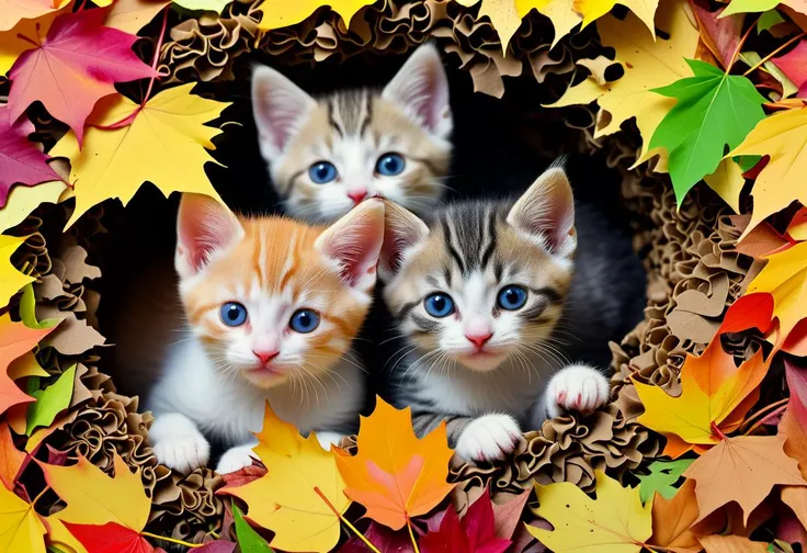 score_9, score_8_up, score_7_up, 
expressionist, three kittens under a pile of leaves, garden, autumn
. raw, emotional, dynamic, distortion for emotional effect, vibrant, use of unusual colors, detailed