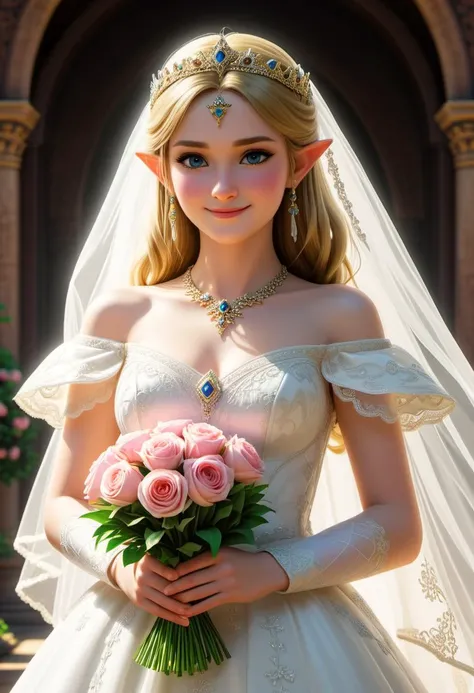 score_9, score_8_up, score_7_up, 
high quality illustration of princcess Zelda from the videogame Zelda at her wedding,
wearing a intricate hyrulian wedding dress, innocent, blushing, smiling, holding a flower bouquet, medium breasts,
busy crowded church, ...