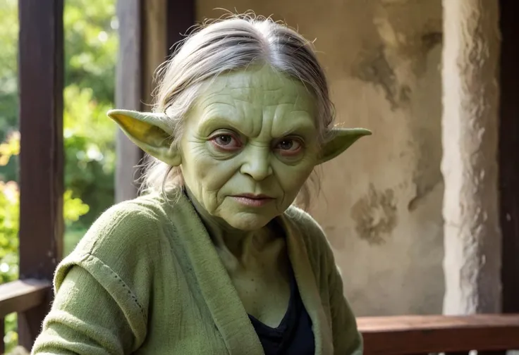 
cinematic film still old granny with wrinkled face (green skin, mother of yoda) on balcony in sunshine,
undertake in black suite calling her, wearing zylinder_hat . shallow depth of field, vignette, highly detailed, high budget, bokeh, cinemascope, moody,...