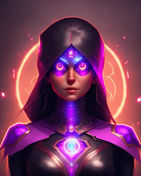 a woman in a purple outfit with a red gem on her chest, glowing eyes, hro