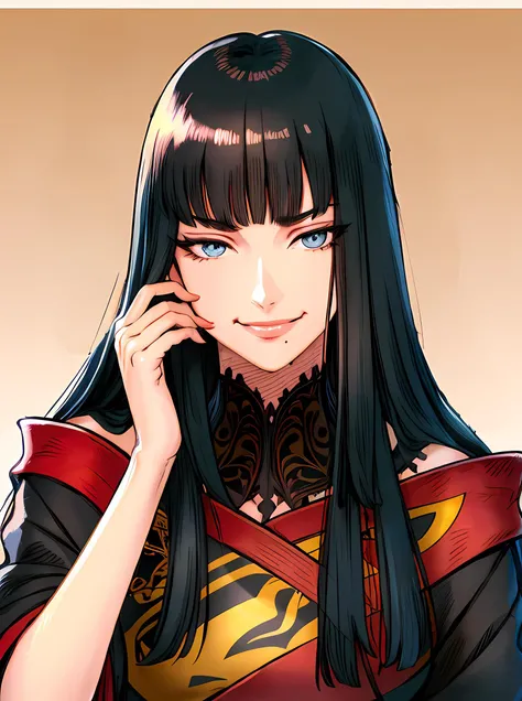 1girl, <lora:yotsuyuGoeBrutus_v10:1>, yotsuyu_ff14, long hair, black_hair, japanese clothes, (mole_under_mouth:0.75), (hand on own face:1.1), smirk, <lora:kuroimoriFinalFantasy_offset:.7>, kuroimori, pencil strokes