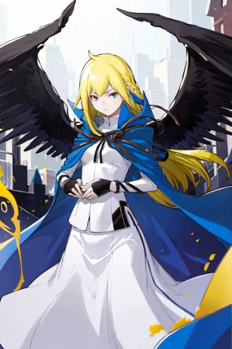 <lora:RtPL-Malice:1> malice_(riviera), black_wings, blonde_hair, long_hair, blue_cape, white_dress, angel_wings, gloves, <lora:yasuda-suzuhito_Fp:1>, ultra detailed, masterpiece, best quality, aesthetic, detailed,