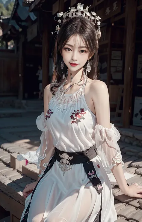 morning,(Early morning),(day:1.8),(white theme,),in summer,onsen,(nature:1.9),1girl,very long hair,grin,sexy,unaligned breasts, dynamic angle,dynamic pose,outdoors,chinese style architecture,
(raw photo:1.2), (photorealistic:1.4), absurdres, incredibly abs...