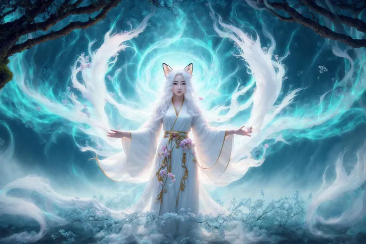 a beautiful and ethereal fox spirit dressed in a flowing white chinese robe. the image captures the fox spirit standing graceful...