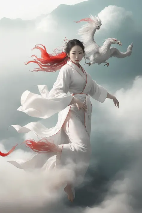 1 girl,(white Chinese robe),
In a captivating scene, a beautiful woman adorned in a flowing white Chinese robe soars through the misty clouds on the back of a majestic Chinese phoenix. The wind gently lifts her robe, accentuating the sense of flight as the...
