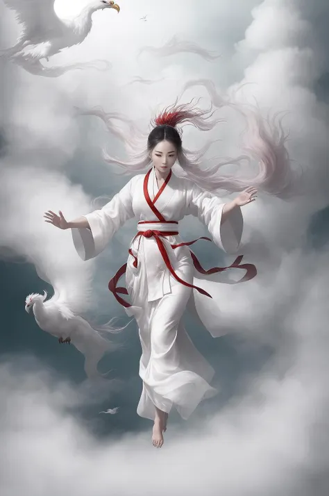 1 girl,(white chinese robe),
in a captivating scene, a beautiful woman adorned in a flowing white chinese robe soars through the...