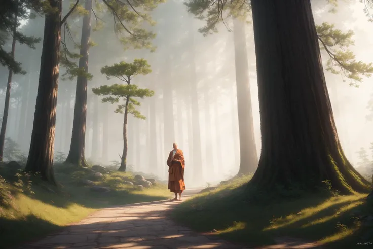 a monk is meditating, wearing a white robe in the temple, the temple is in the forest, raw photo, surreal photo, unreal engine 4...