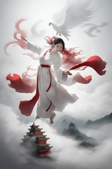 1 girl,(white Chinese robe),
In a captivating scene, a beautiful woman adorned in a flowing white Chinese robe soars through the misty clouds on the back of a majestic Chinese phoenix. The wind gently lifts her robe, accentuating the sense of flight as the...