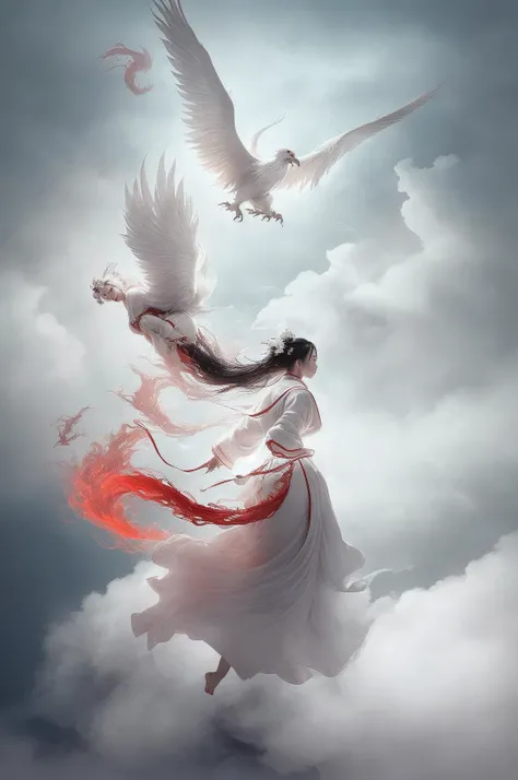 1 girl,(white Chinese robe),
In a captivating scene, a beautiful woman adorned in a flowing white Chinese robe soars through the misty clouds on the back of a majestic Chinese phoenix. The wind gently lifts her robe, accentuating the sense of flight as the...