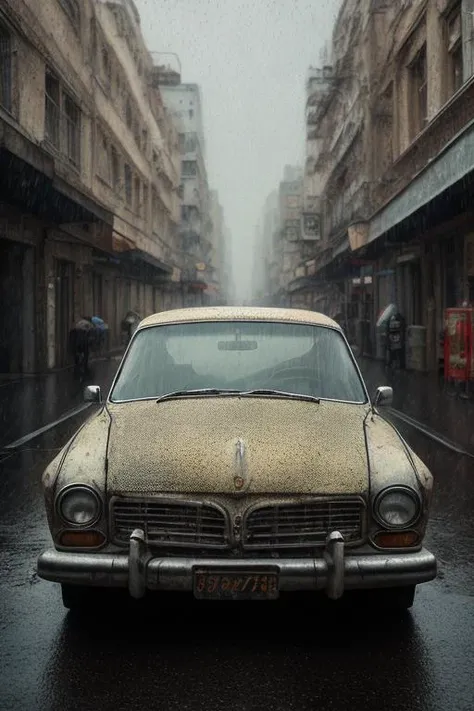 masterpiece, best quality, vehicle,street,(syberpunk:1.3),rain,