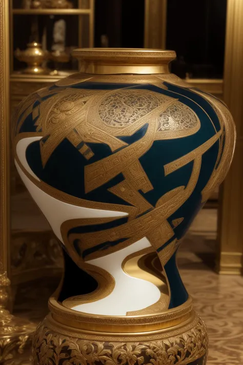 there is a large vase with a gold and blue design on it