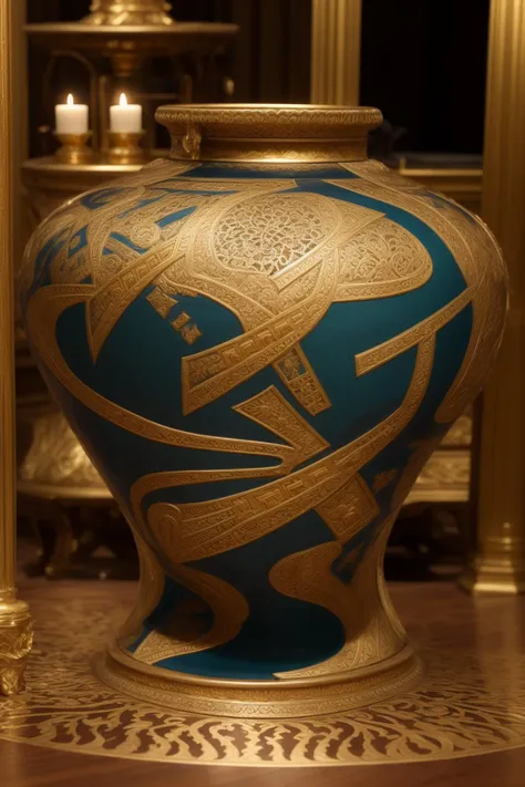 there is a blue and gold vase with a gold design on it