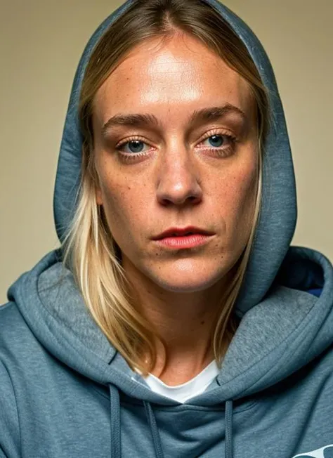 A stunning intricate color close up portrait of (sks woman:1) , wearing Hoodie and sweatpants, epic character composition, sharp focus, natural lighting, subsurface scattering, f2, 35mm, film grain, , by Andreas Gursky, <lora:locon_chloesevigny_v1_from_v1_...