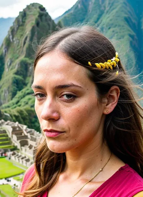 portrait of sks woman in Machu Picchu, with the ancient ruins in the foreground, by Flora Borsi, style by Flora Borsi, bold, bright colours, ((Flora Borsi)), by Peter Lindbergh, <lora:locon_chloesevigny_v1_from_v1_64_32:1>